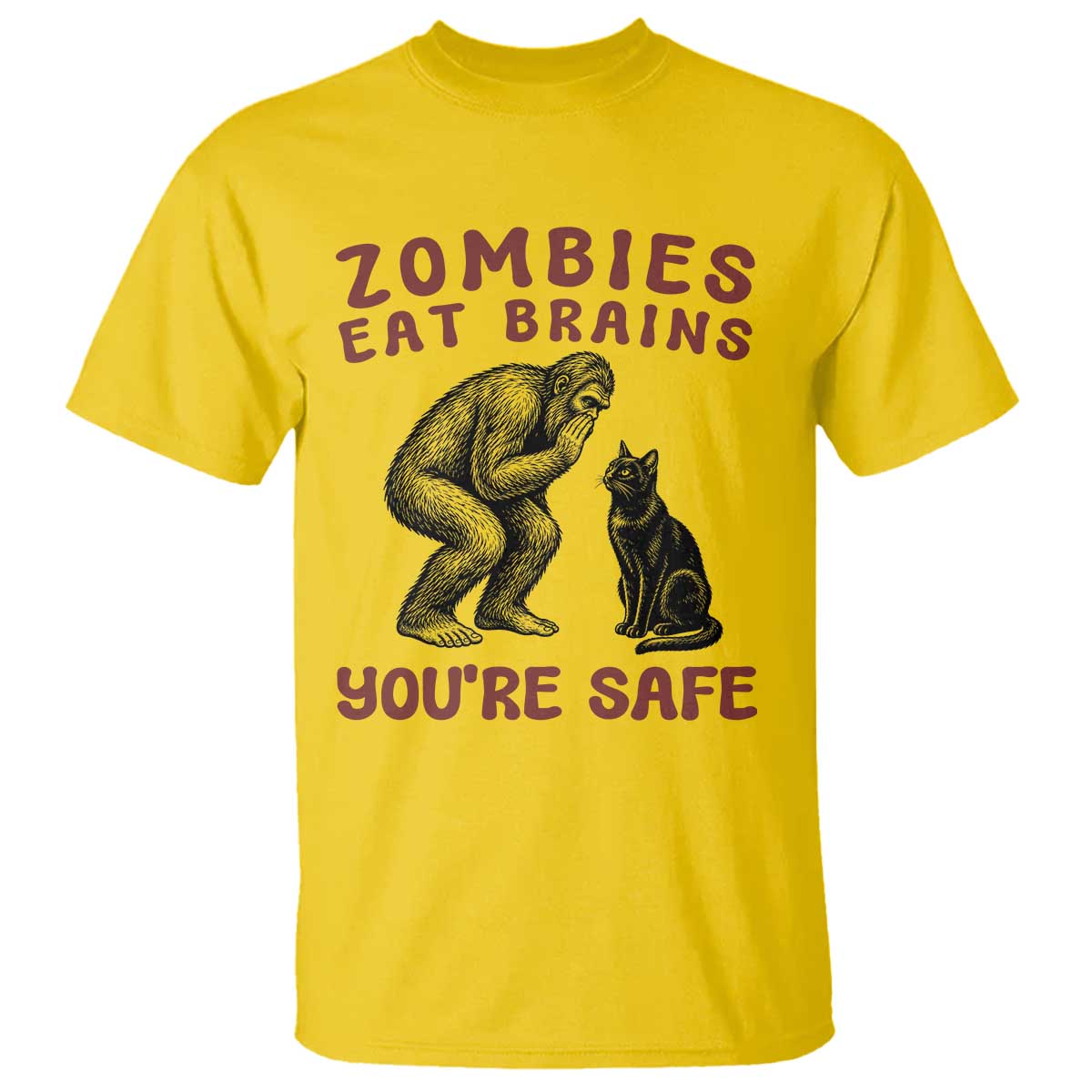 Funny Bigfoot And Black Cat T Shirt Zombies Eat Brains Dont Worry You Are Safe