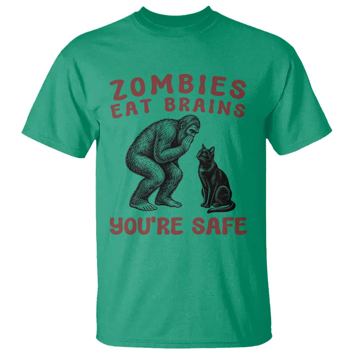 Funny Bigfoot And Black Cat T Shirt Zombies Eat Brains Dont Worry You Are Safe