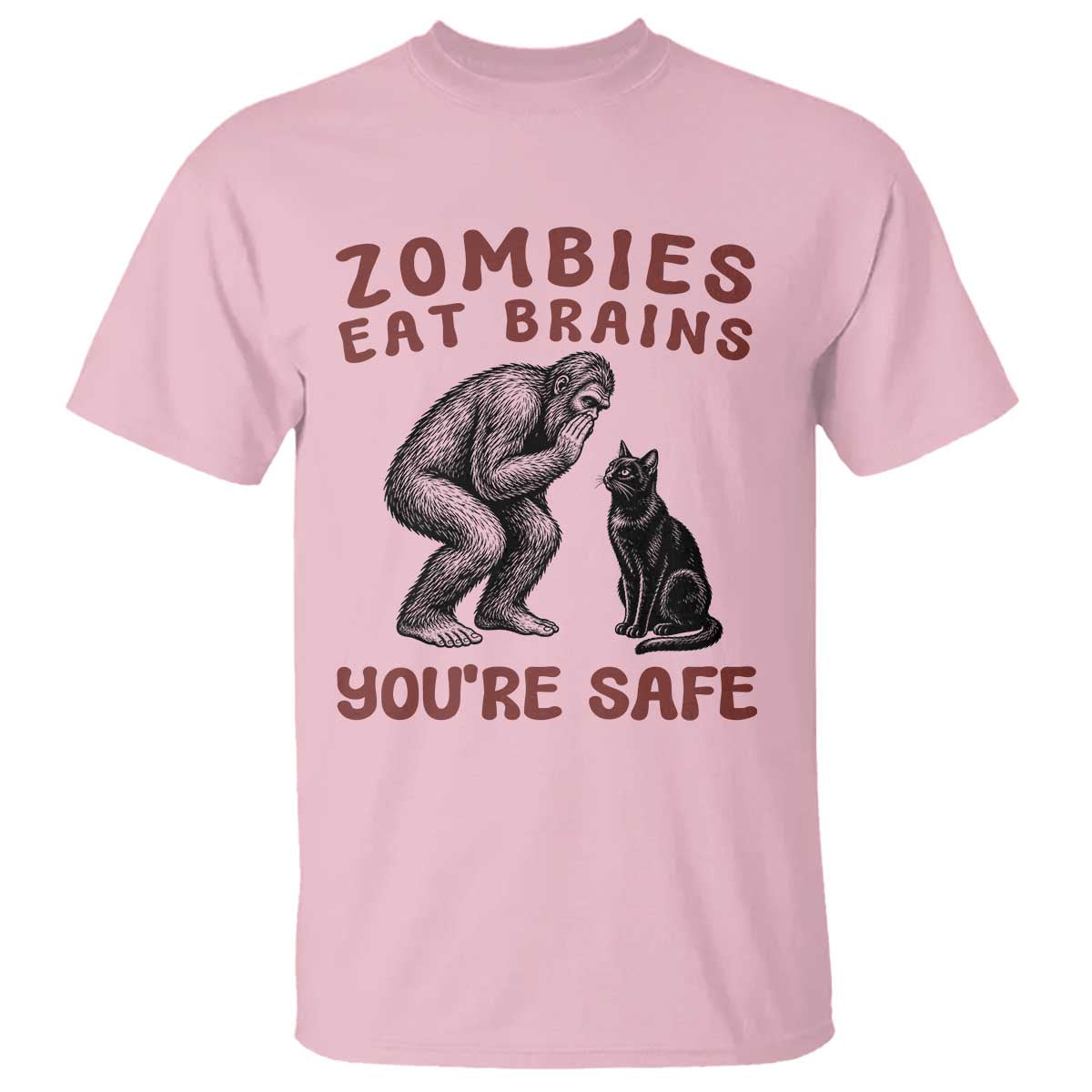 Funny Bigfoot And Black Cat T Shirt Zombies Eat Brains Dont Worry You Are Safe