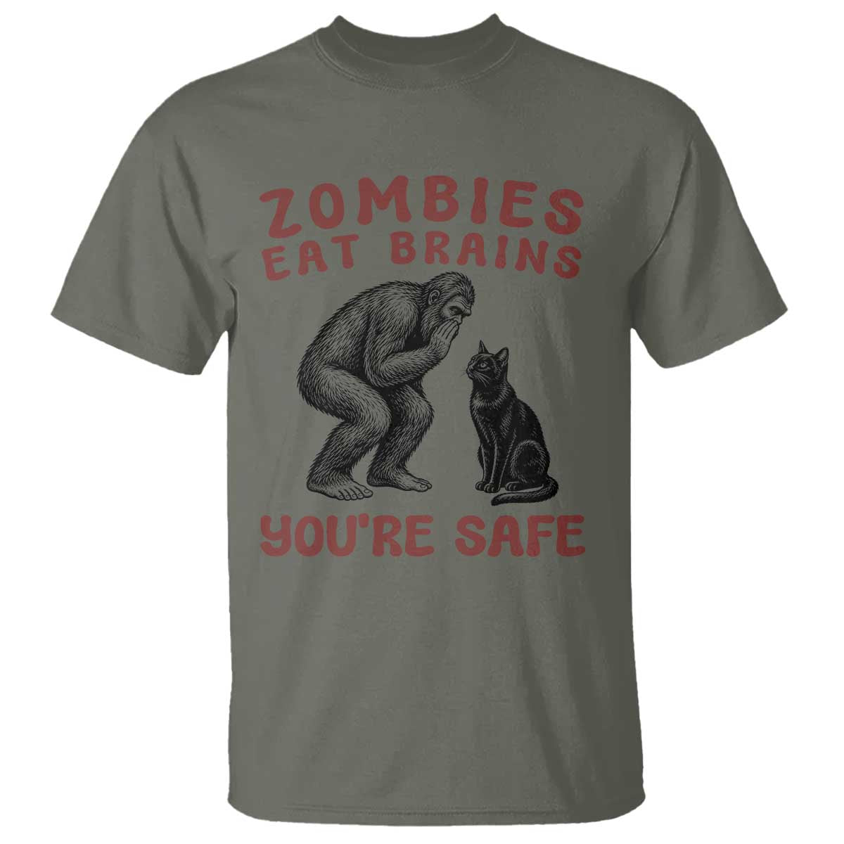 Funny Bigfoot And Black Cat T Shirt Zombies Eat Brains Dont Worry You Are Safe