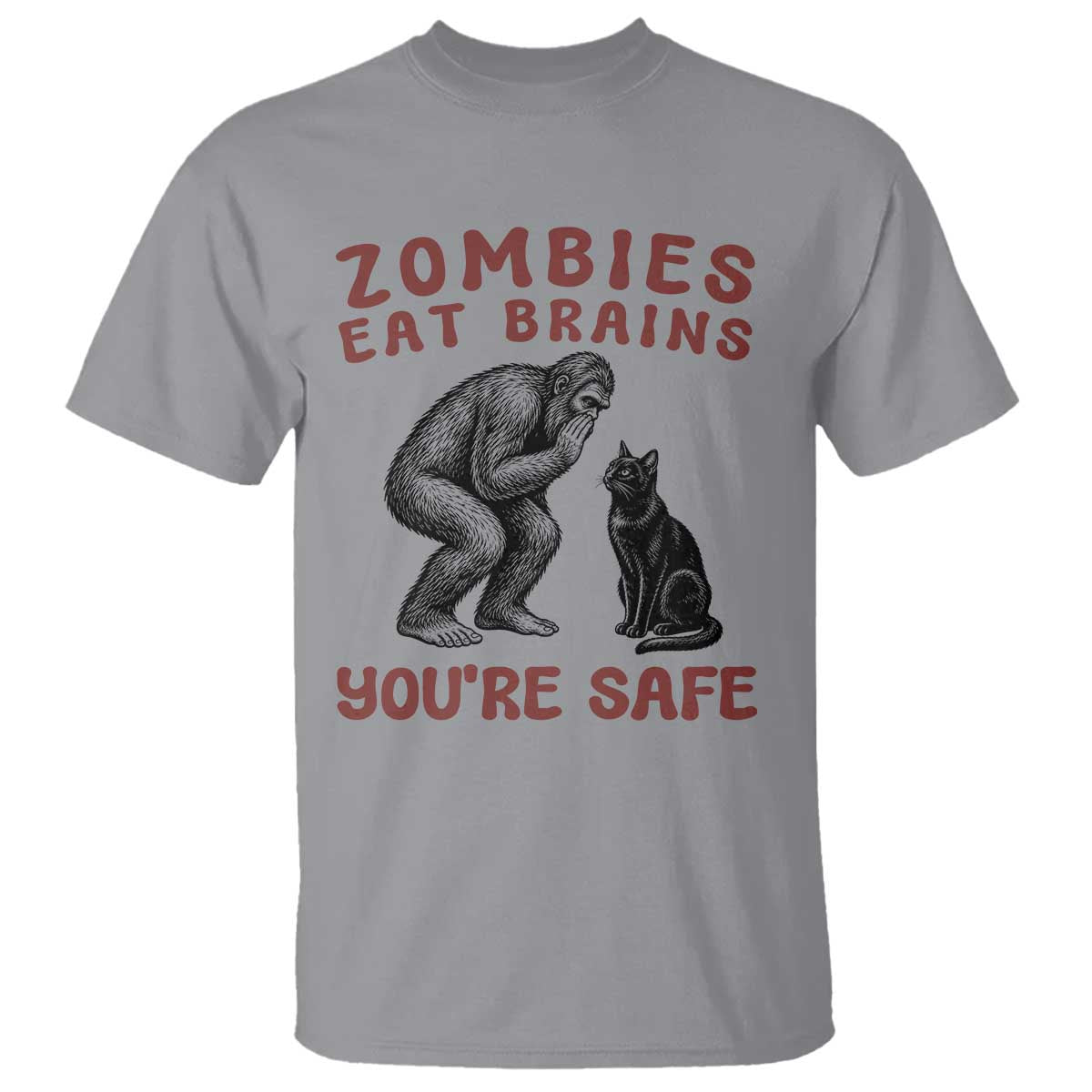 Funny Bigfoot And Black Cat T Shirt Zombies Eat Brains Dont Worry You Are Safe