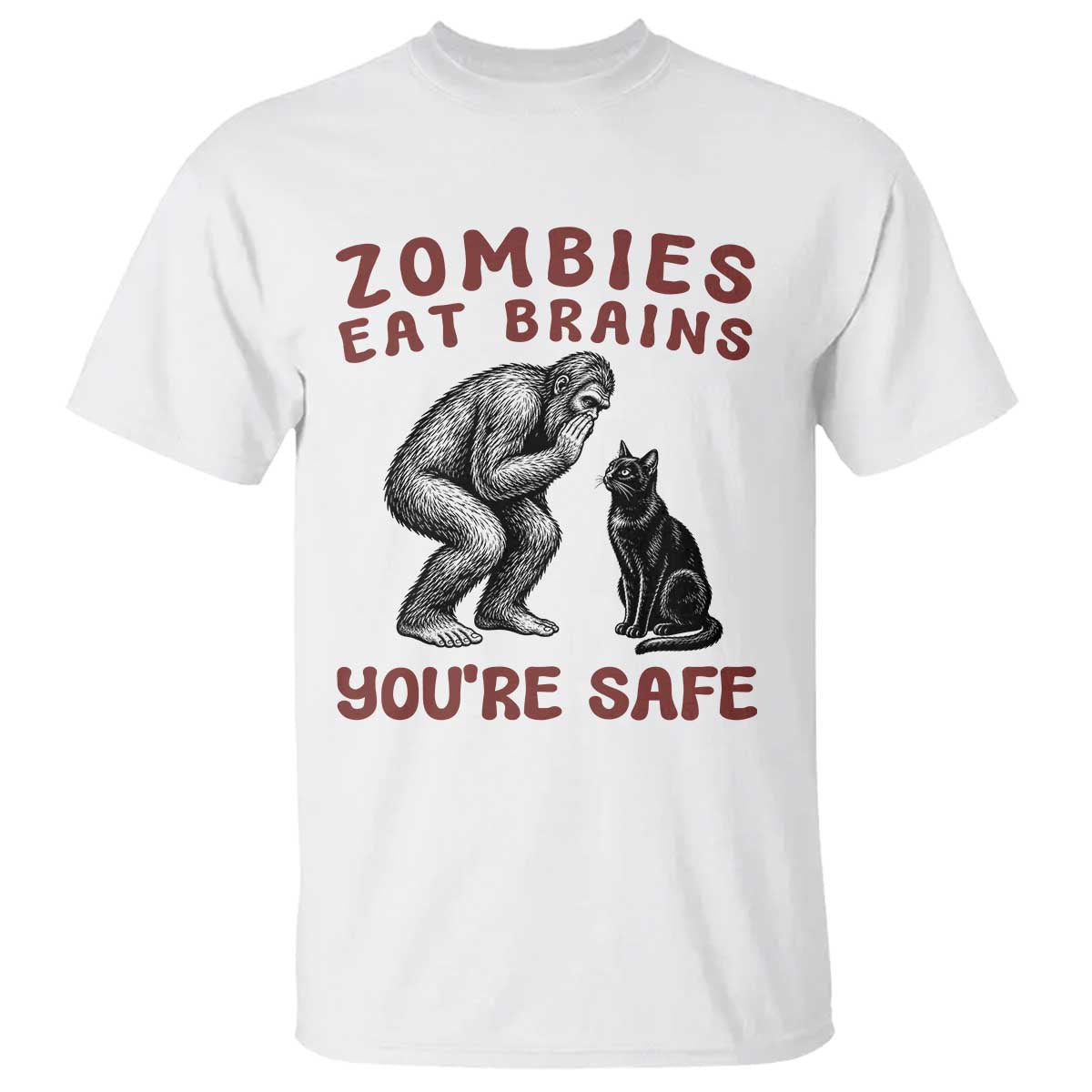 Funny Bigfoot And Black Cat T Shirt Zombies Eat Brains Dont Worry You Are Safe