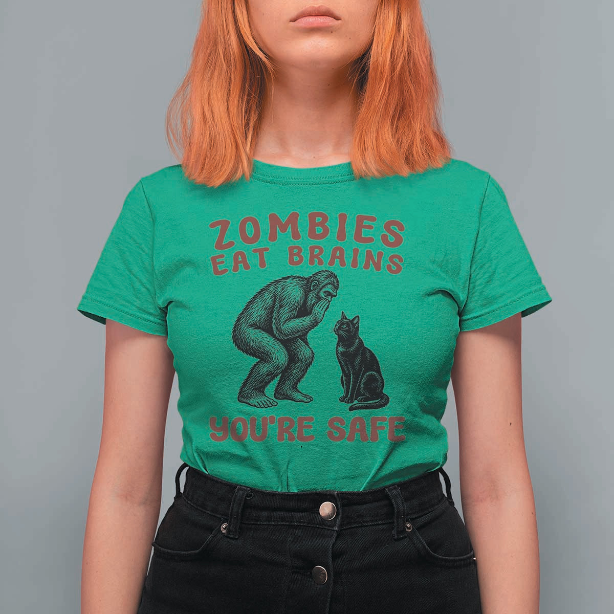 Funny Bigfoot And Black Cat T Shirt For Women Zombies Eat Brains Dont Worry You Are Safe