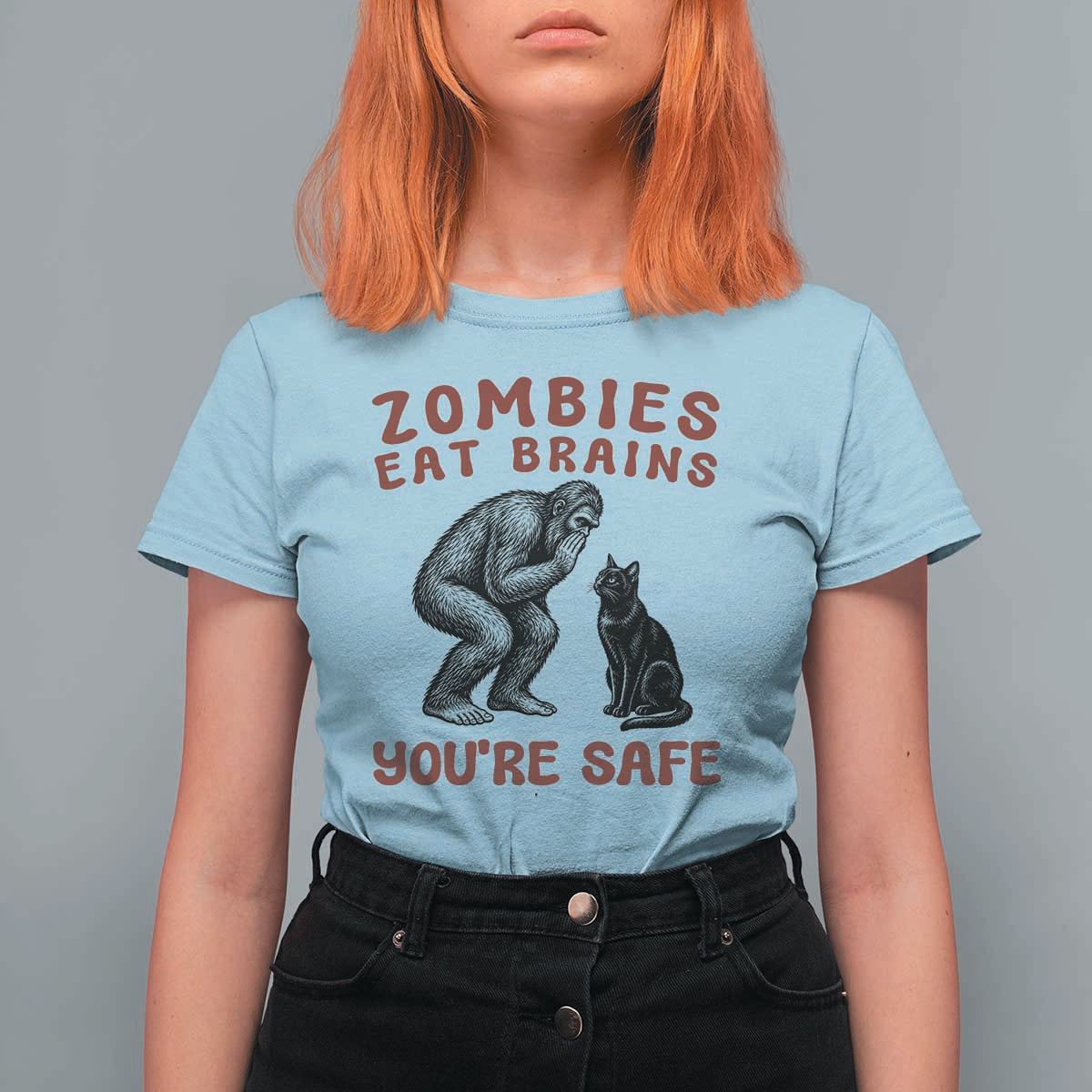 Funny Bigfoot And Black Cat T Shirt For Women Zombies Eat Brains Dont Worry You Are Safe