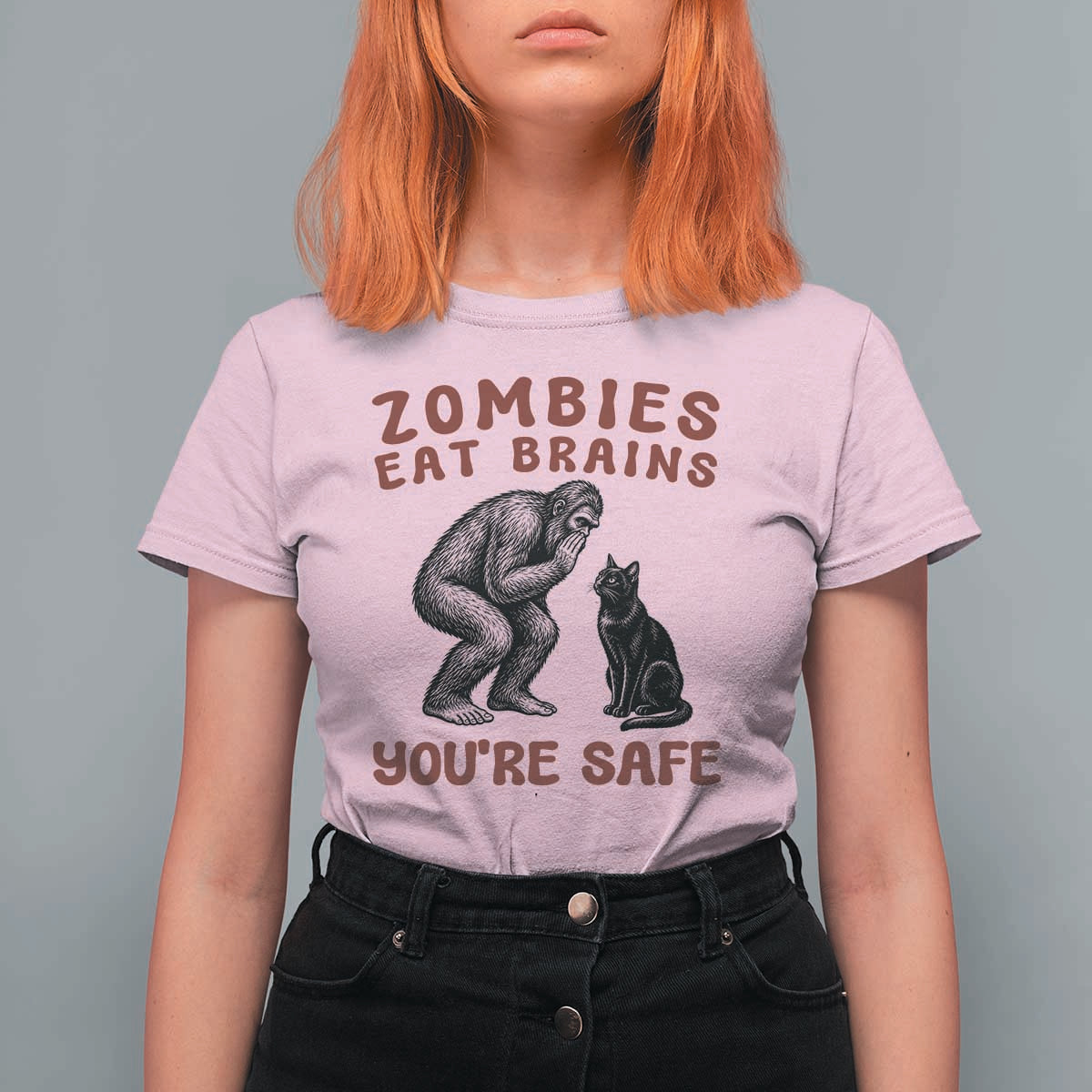 Funny Bigfoot And Black Cat T Shirt For Women Zombies Eat Brains Dont Worry You Are Safe