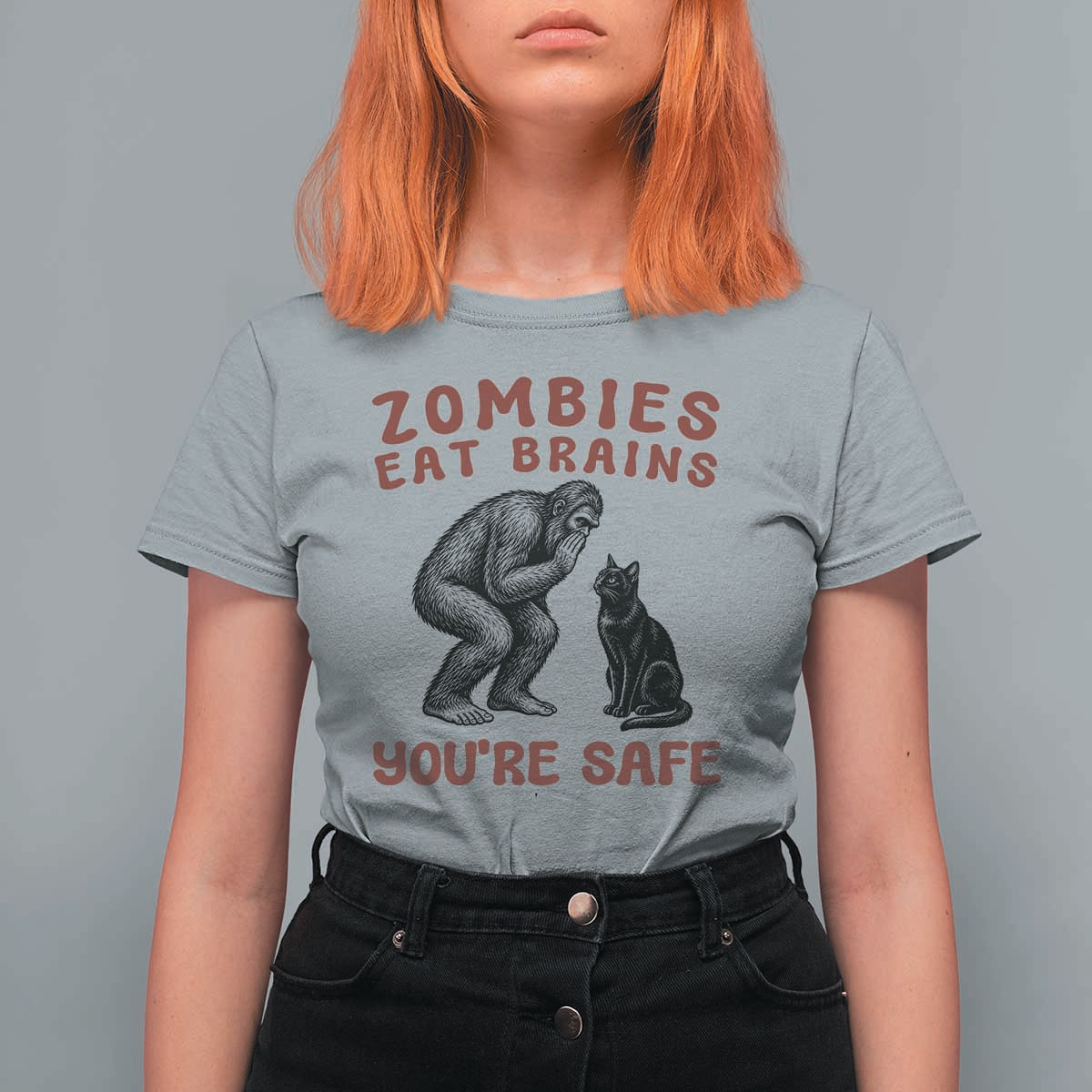 Funny Bigfoot And Black Cat T Shirt For Women Zombies Eat Brains Dont Worry You Are Safe