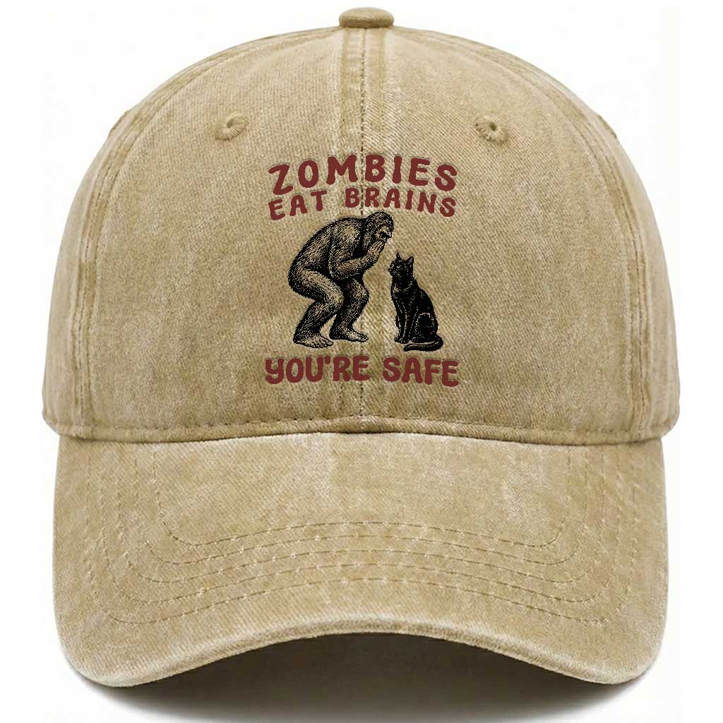 Funny Bigfoot And Black Cat Washed Cotton Baseball Cap Zombies Eat Brains Dont Worry You Are Safe