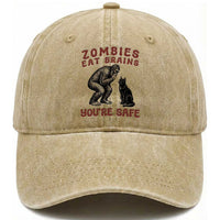 Funny Bigfoot And Black Cat Washed Cotton Baseball Cap Zombies Eat Brains Dont Worry You Are Safe
