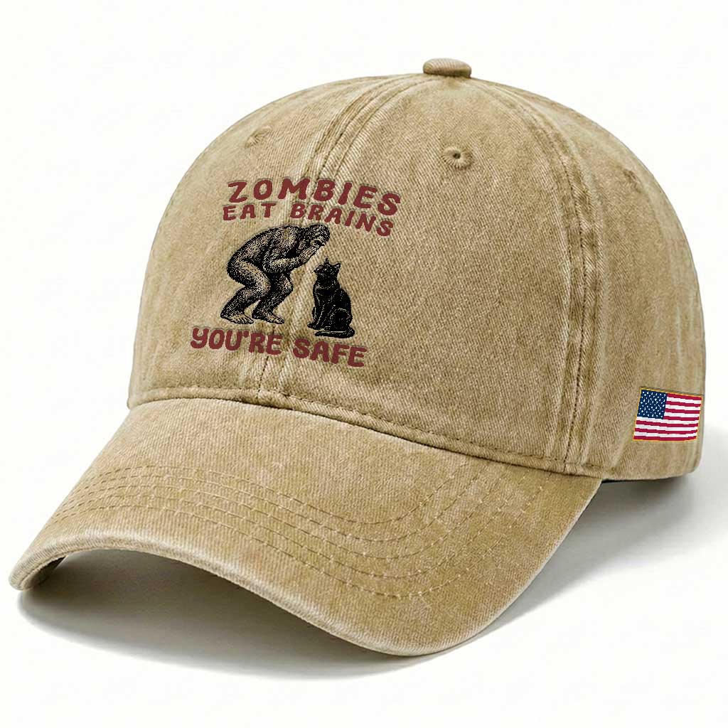 Funny Bigfoot And Black Cat Washed Cotton Baseball Cap Zombies Eat Brains Dont Worry You Are Safe