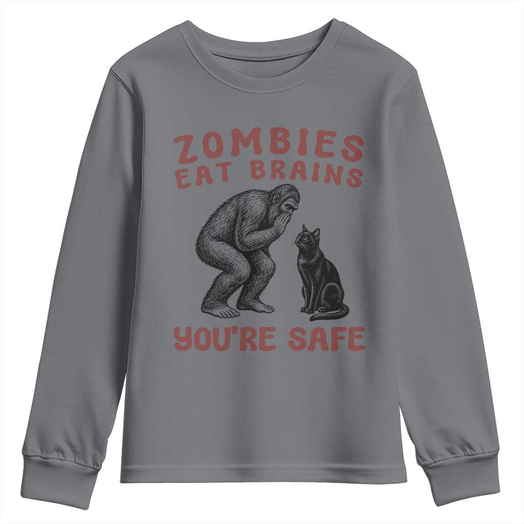 Funny Bigfoot And Black Cat Youth Sweatshirt Zombies Eat Brains Dont Worry You Are Safe