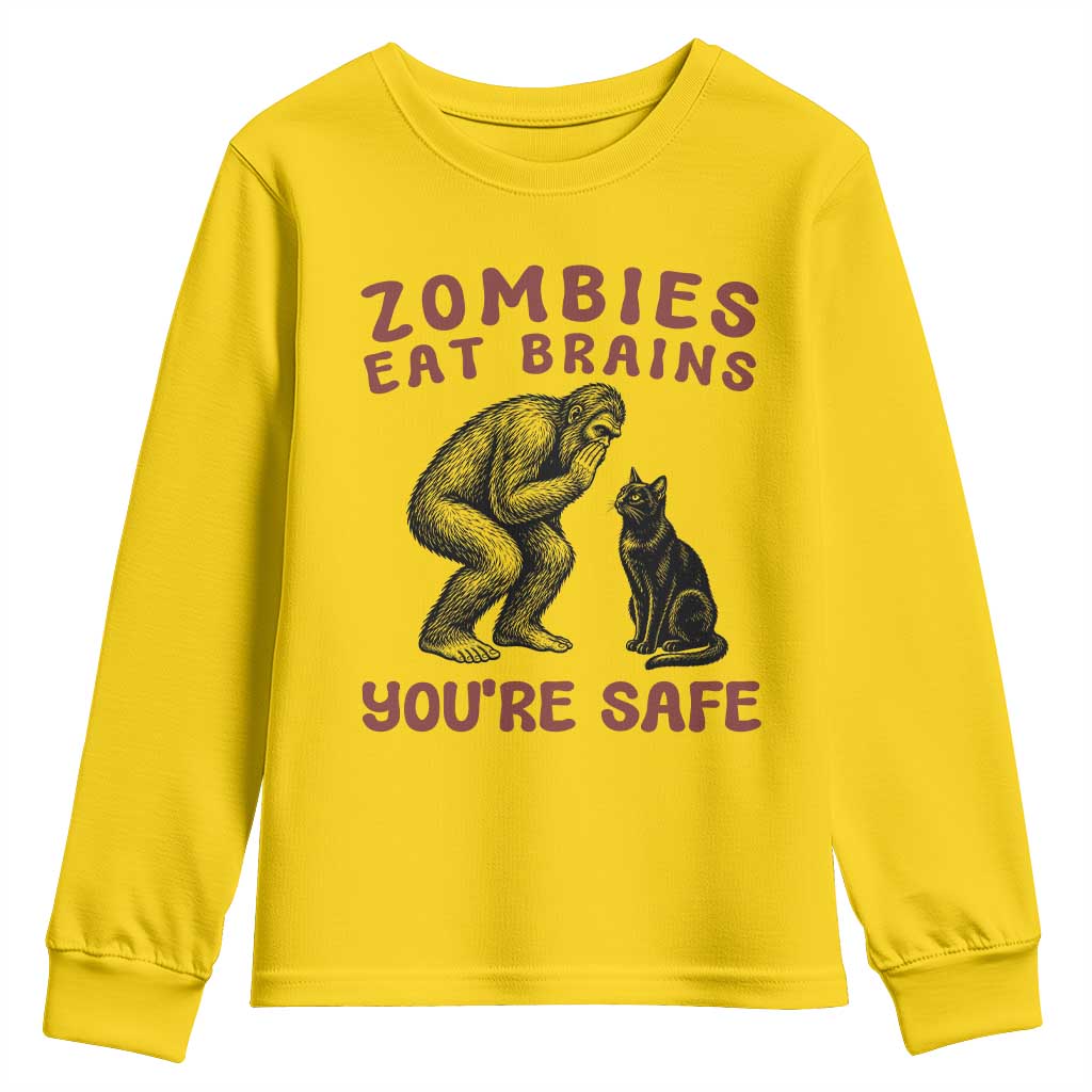 Funny Bigfoot And Black Cat Youth Sweatshirt Zombies Eat Brains Dont Worry You Are Safe