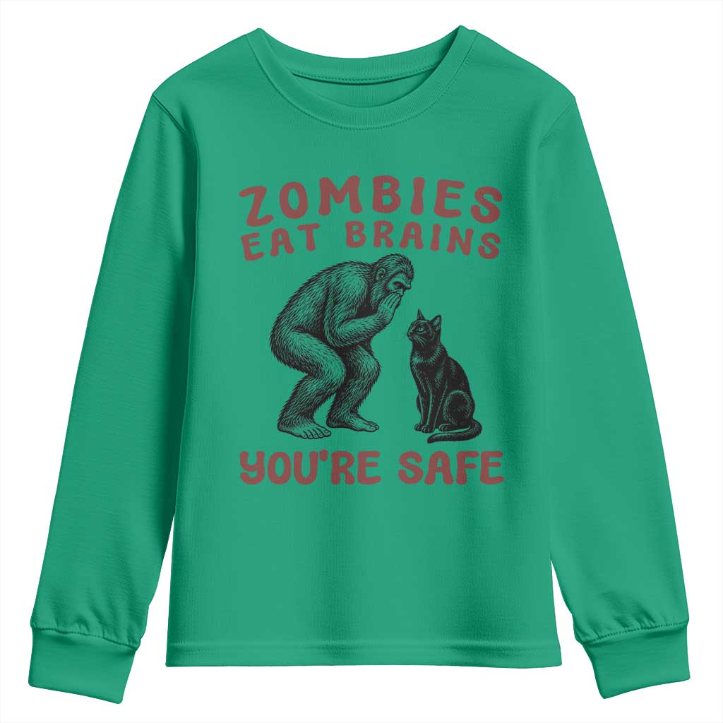 Funny Bigfoot And Black Cat Youth Sweatshirt Zombies Eat Brains Dont Worry You Are Safe