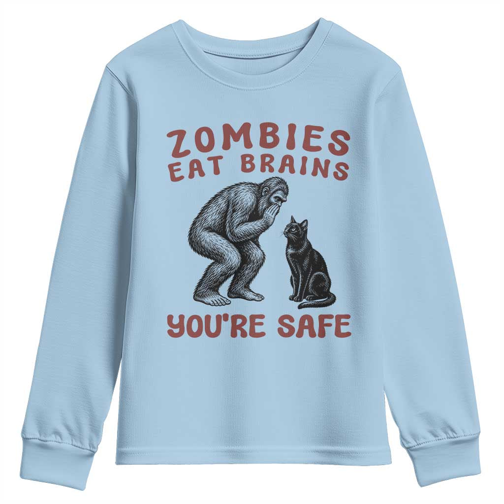 Funny Bigfoot And Black Cat Youth Sweatshirt Zombies Eat Brains Dont Worry You Are Safe