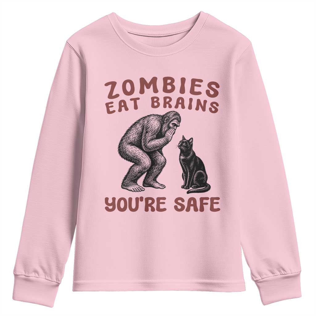Funny Bigfoot And Black Cat Youth Sweatshirt Zombies Eat Brains Dont Worry You Are Safe