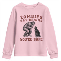Funny Bigfoot And Black Cat Youth Sweatshirt Zombies Eat Brains Dont Worry You Are Safe