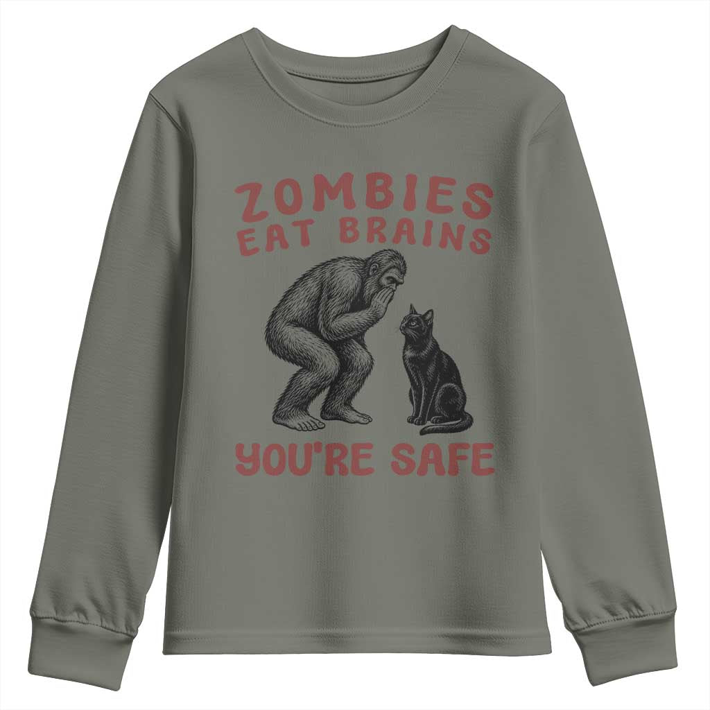 Funny Bigfoot And Black Cat Youth Sweatshirt Zombies Eat Brains Dont Worry You Are Safe