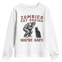 Funny Bigfoot And Black Cat Youth Sweatshirt Zombies Eat Brains Dont Worry You Are Safe