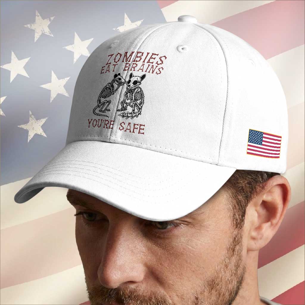 Funny Opossum Raccoon Skeleton Baseball Cap Zombies Eat Brains Dont Worry You Are Safe