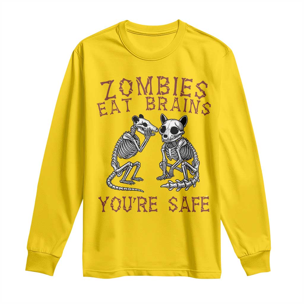 Funny Opossum Raccoon Skeleton Long Sleeve Shirt Zombies Eat Brains Dont Worry You Are Safe