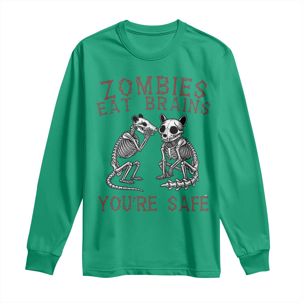 Funny Opossum Raccoon Skeleton Long Sleeve Shirt Zombies Eat Brains Dont Worry You Are Safe