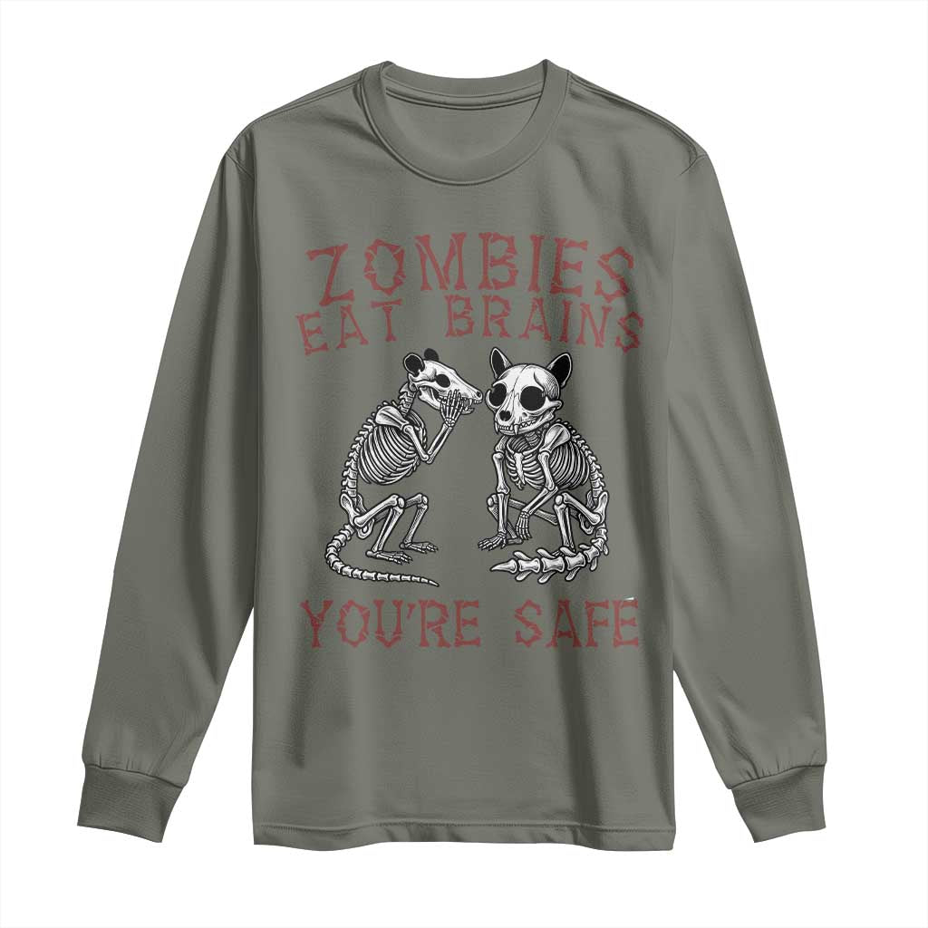 Funny Opossum Raccoon Skeleton Long Sleeve Shirt Zombies Eat Brains Dont Worry You Are Safe