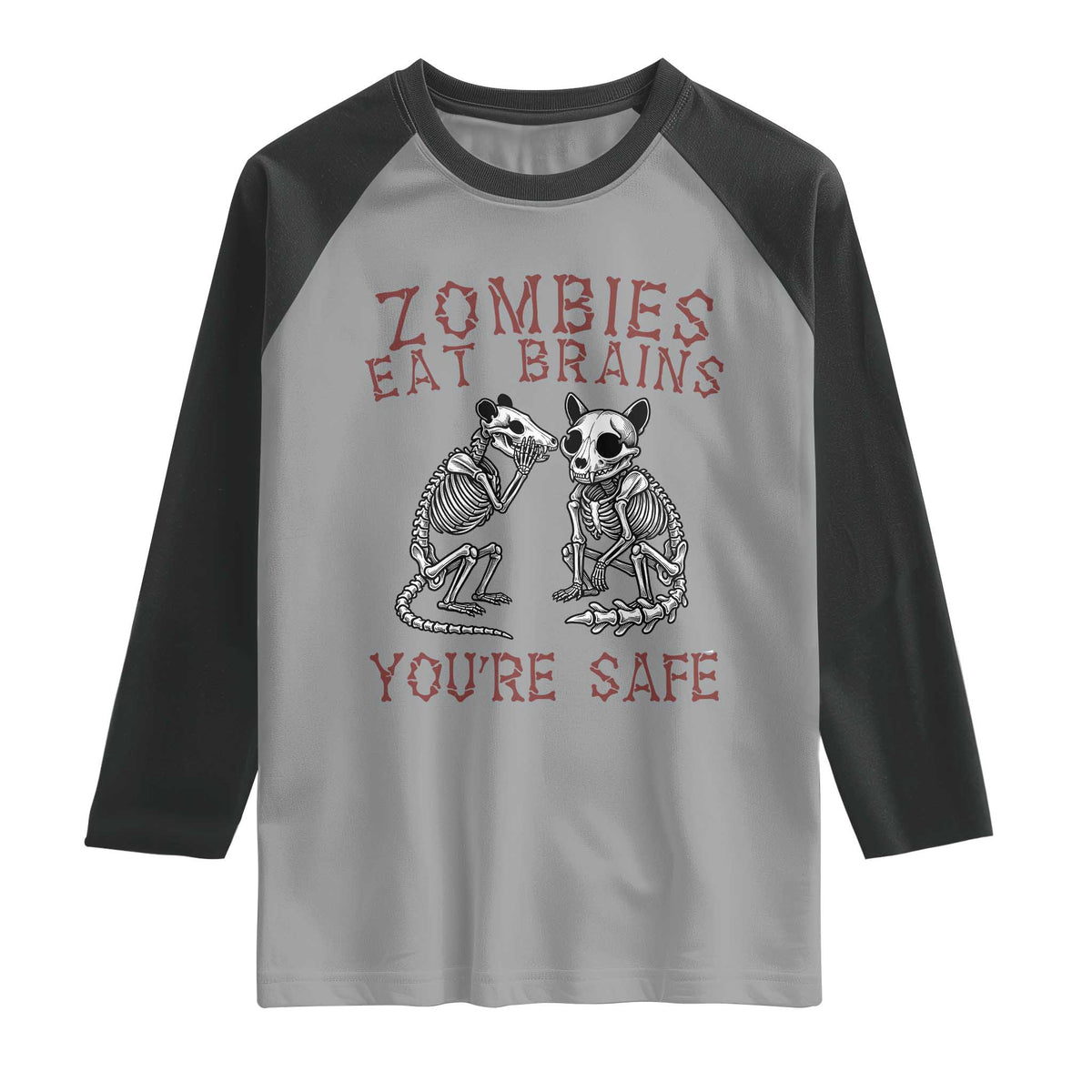Funny Opossum Raccoon Skeleton Raglan Shirt Zombies Eat Brains Dont Worry You Are Safe