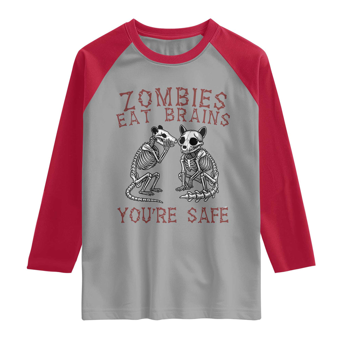 Funny Opossum Raccoon Skeleton Raglan Shirt Zombies Eat Brains Dont Worry You Are Safe