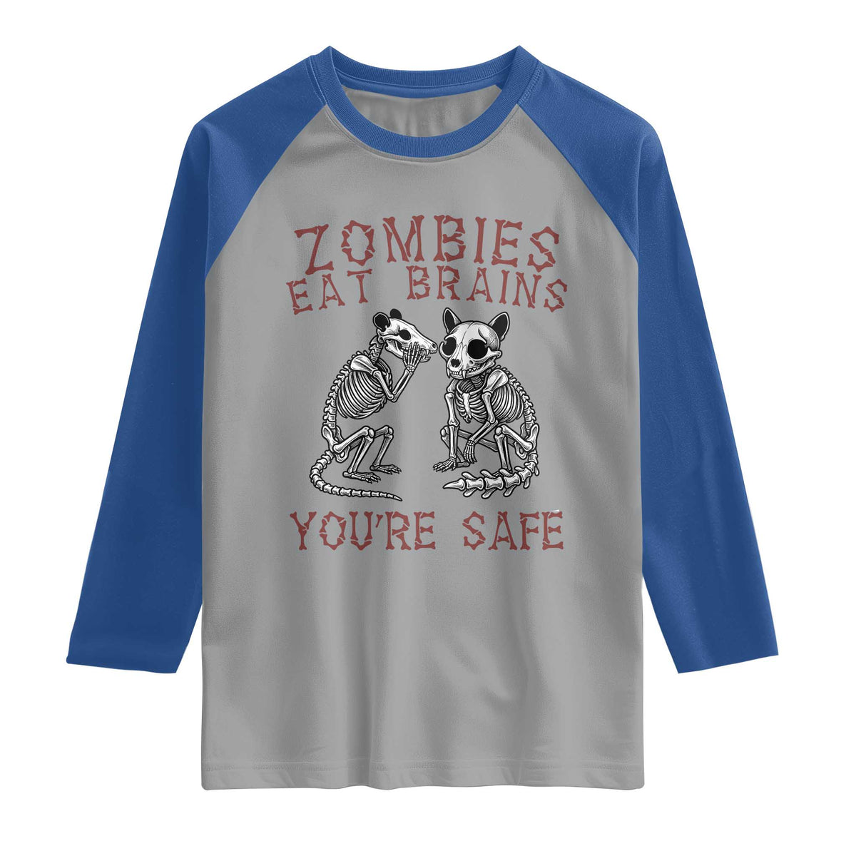 Funny Opossum Raccoon Skeleton Raglan Shirt Zombies Eat Brains Dont Worry You Are Safe
