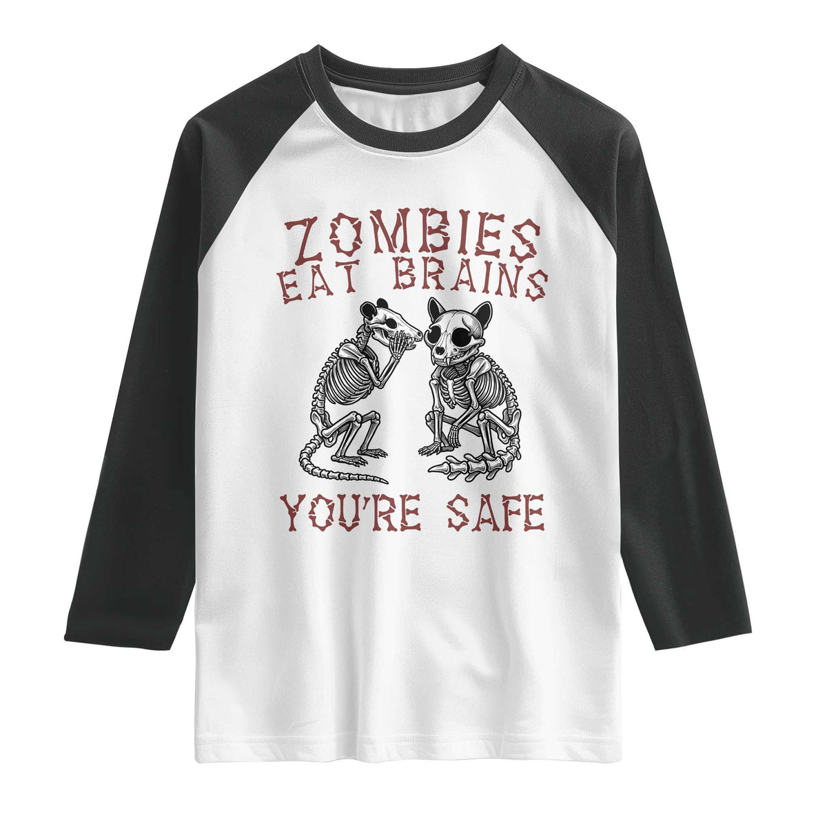 Funny Opossum Raccoon Skeleton Raglan Shirt Zombies Eat Brains Dont Worry You Are Safe