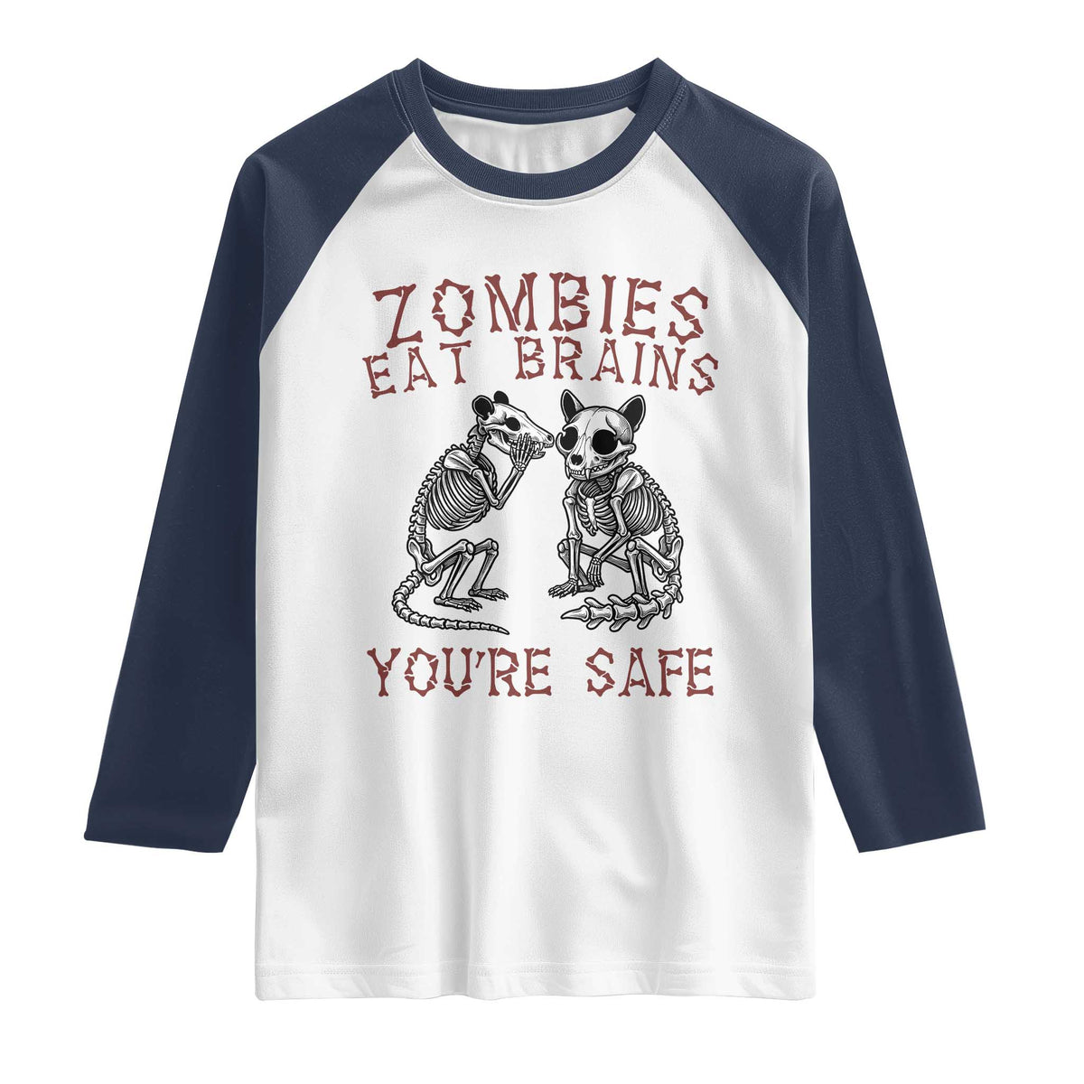 Funny Opossum Raccoon Skeleton Raglan Shirt Zombies Eat Brains Dont Worry You Are Safe