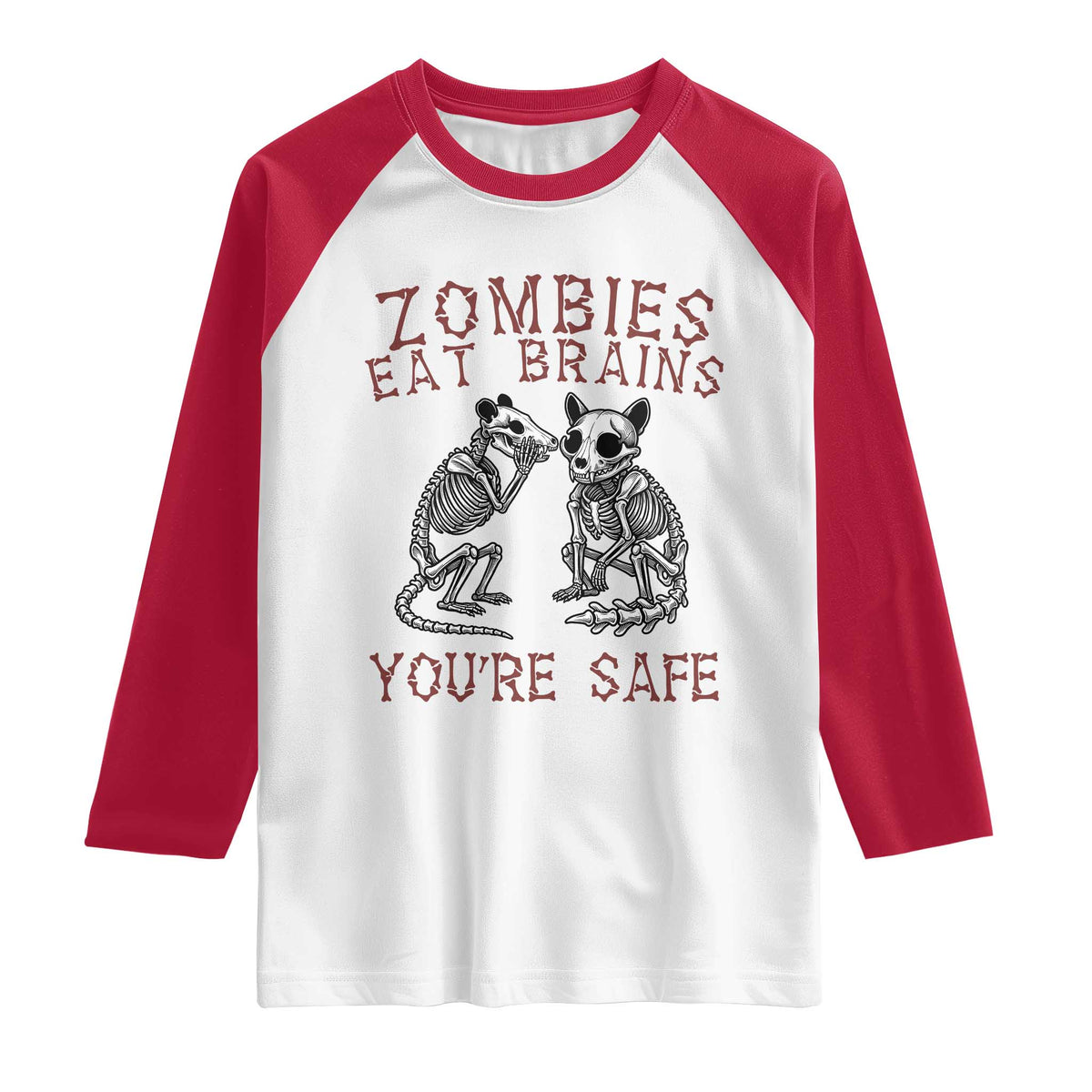 Funny Opossum Raccoon Skeleton Raglan Shirt Zombies Eat Brains Dont Worry You Are Safe