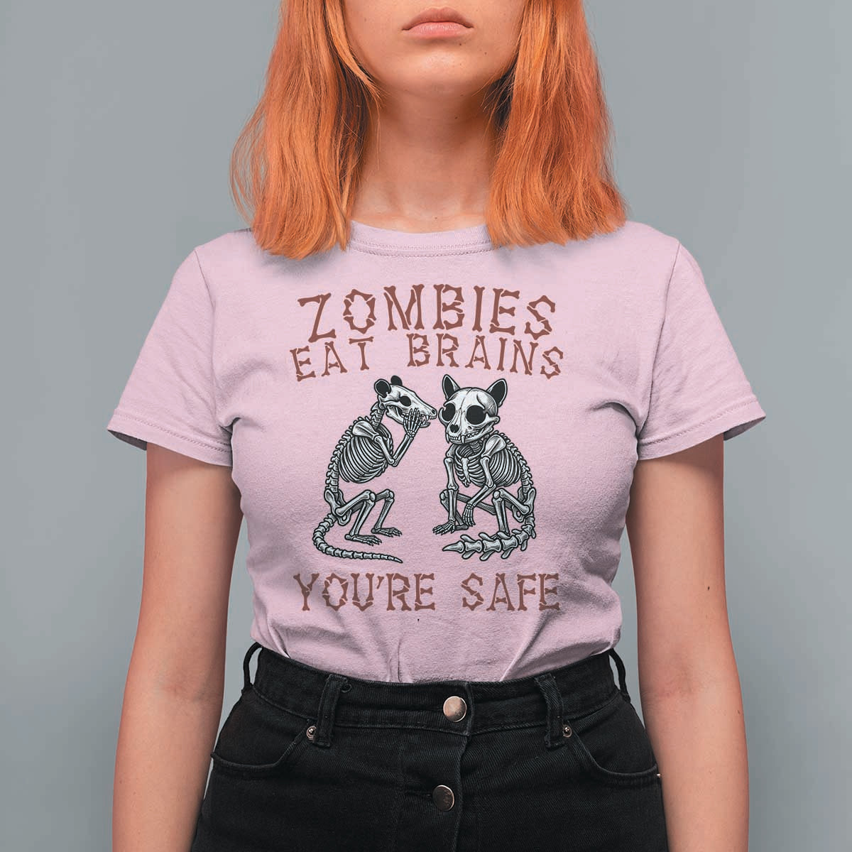 Funny Opossum Raccoon Skeleton T Shirt For Women Zombies Eat Brains Dont Worry You Are Safe