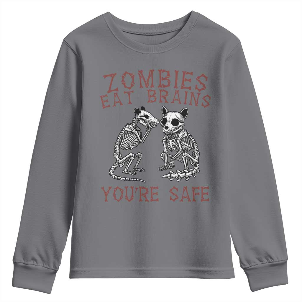 Funny Opossum Raccoon Skeleton Youth Sweatshirt Zombies Eat Brains Dont Worry You Are Safe