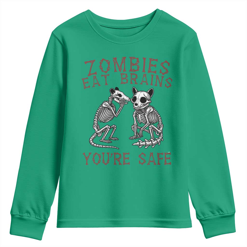 Funny Opossum Raccoon Skeleton Youth Sweatshirt Zombies Eat Brains Dont Worry You Are Safe