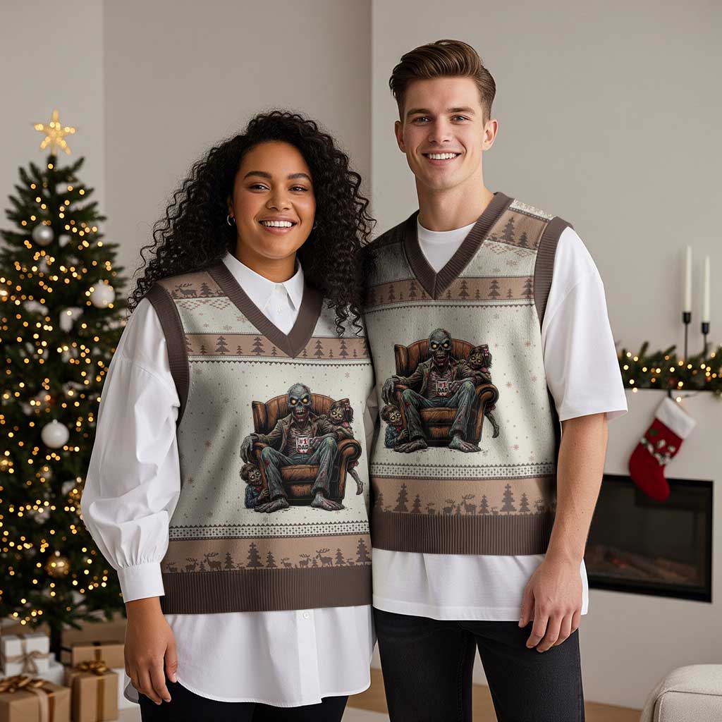 Funny #1 Dad Zombie Horror V-Neck Knit Sweater Vest Halloween Family Father Gift