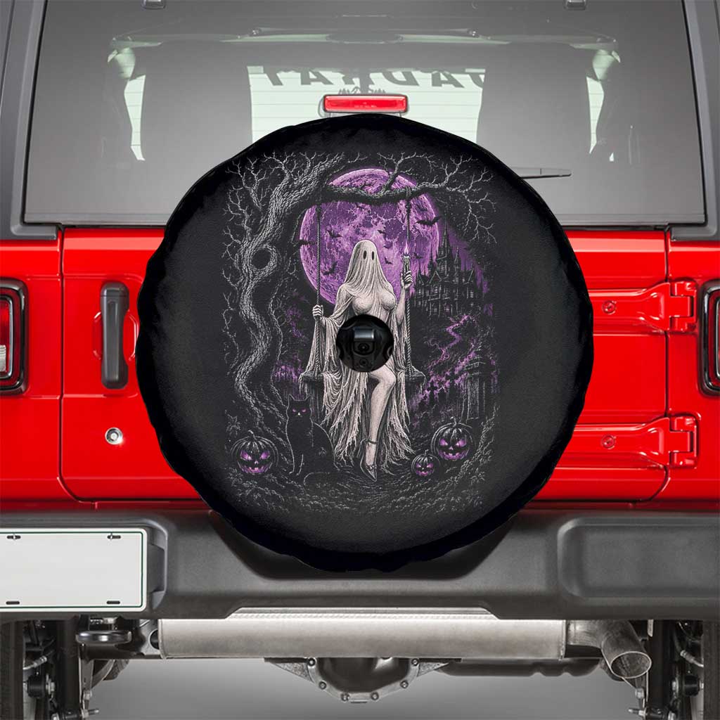 Mystical Ghost Girl Halloween Spare Tire Cover Gothic Purple Moon Haunted Castle Art