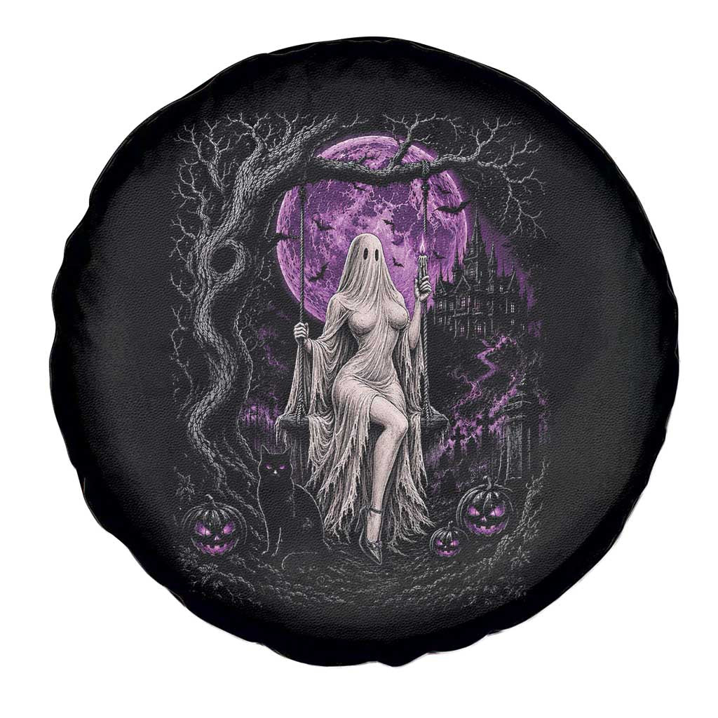 Mystical Ghost Girl Halloween Spare Tire Cover Gothic Purple Moon Haunted Castle Art