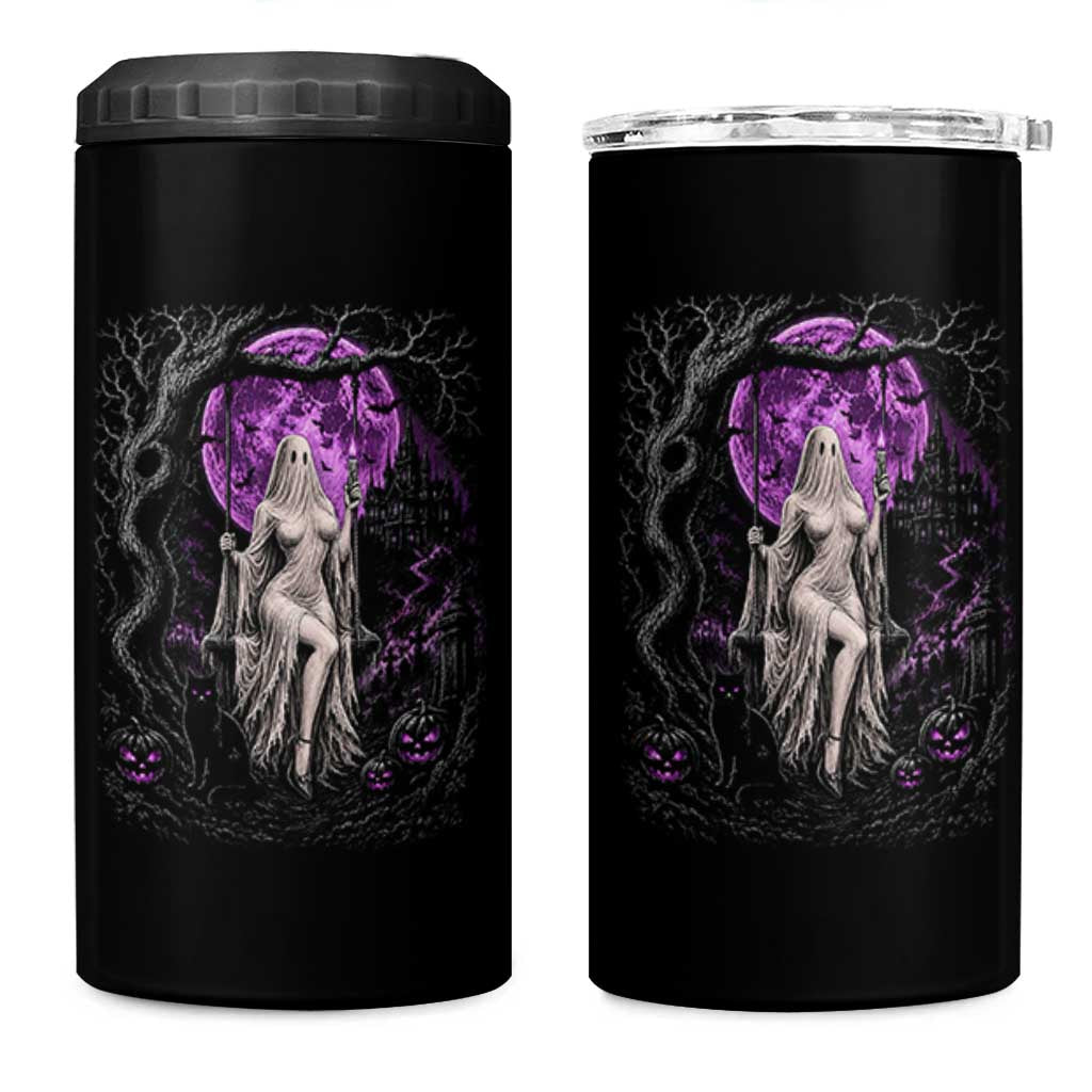 Mystical Ghost Girl Halloween 4 in 1 Can Cooler Tumbler Gothic Purple Moon Haunted Castle Art