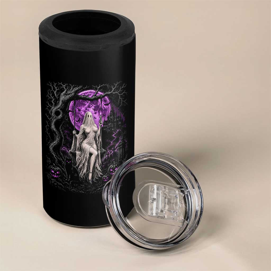 Mystical Ghost Girl Halloween 4 in 1 Can Cooler Tumbler Gothic Purple Moon Haunted Castle Art