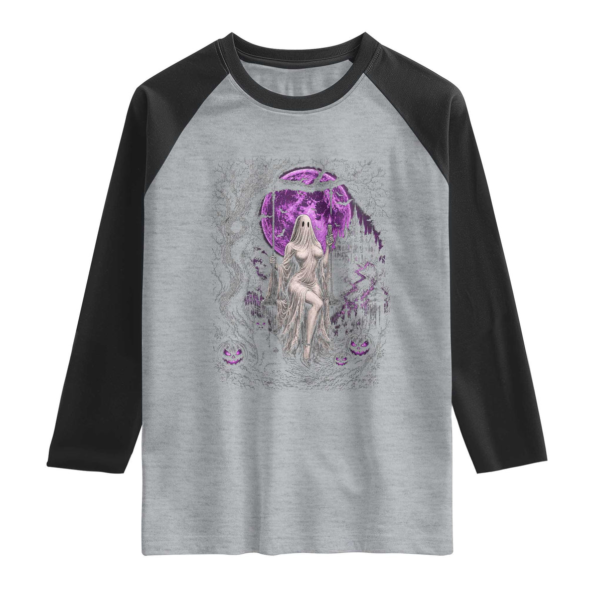 Mystical Ghost Girl Halloween Raglan Shirt Gothic Purple Moon Haunted Castle Art