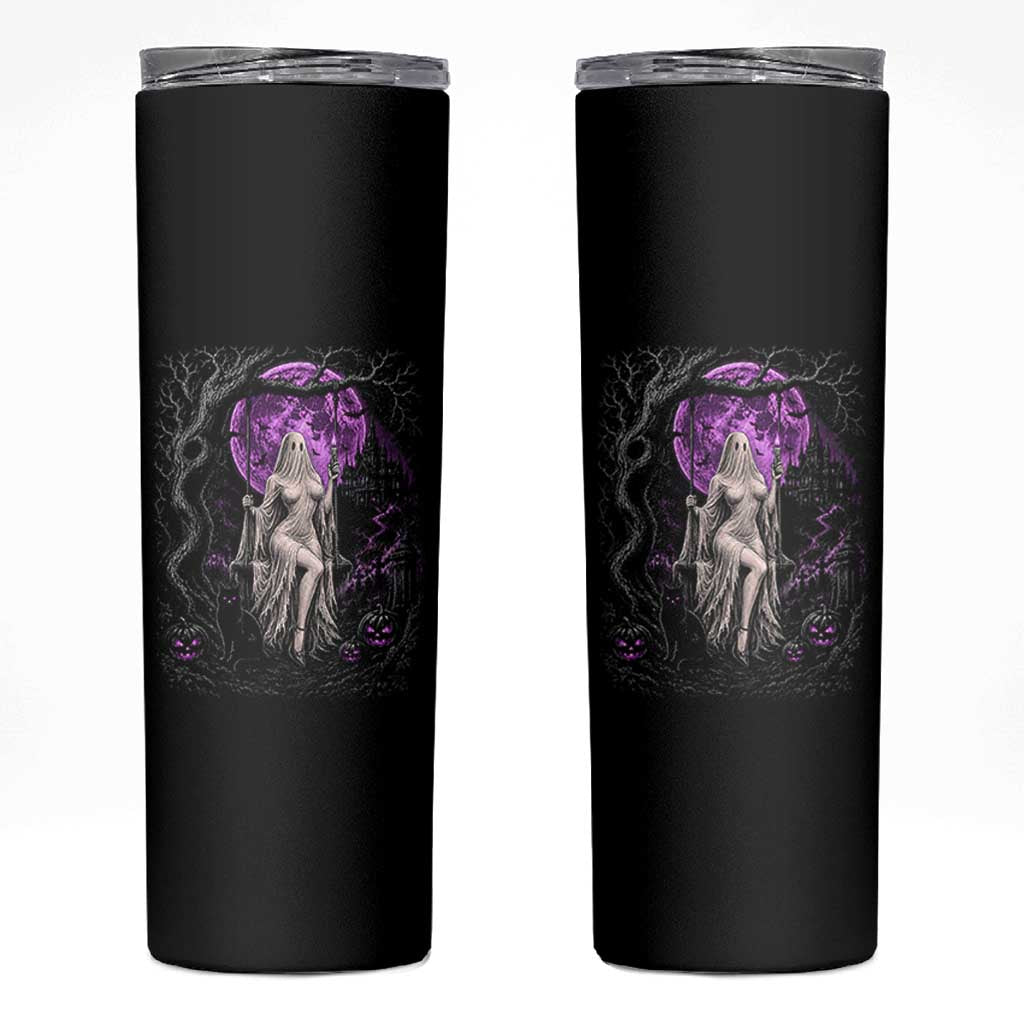 Mystical Ghost Girl Halloween Skinny Tumbler Gothic Purple Moon Haunted Castle Art