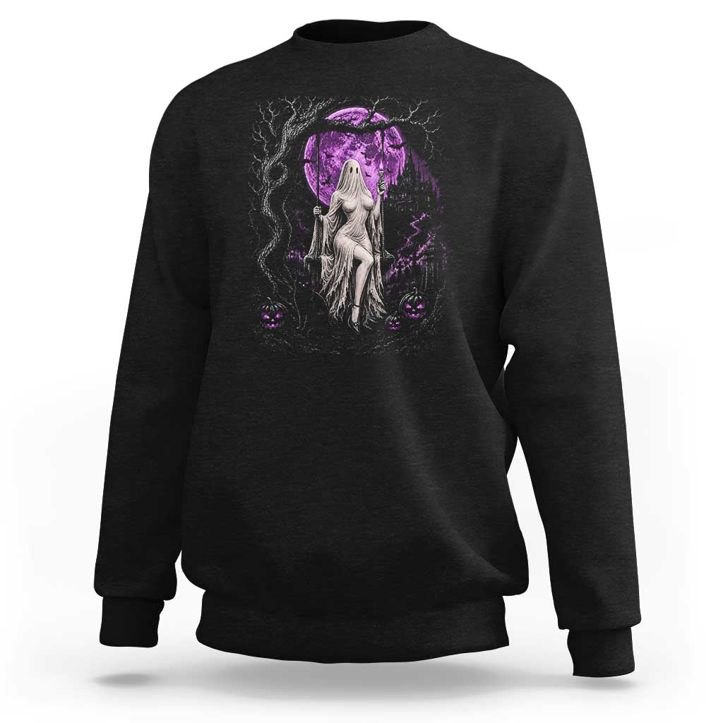 Mystical Ghost Girl Halloween Sweatshirt Gothic Purple Moon Haunted Castle Art