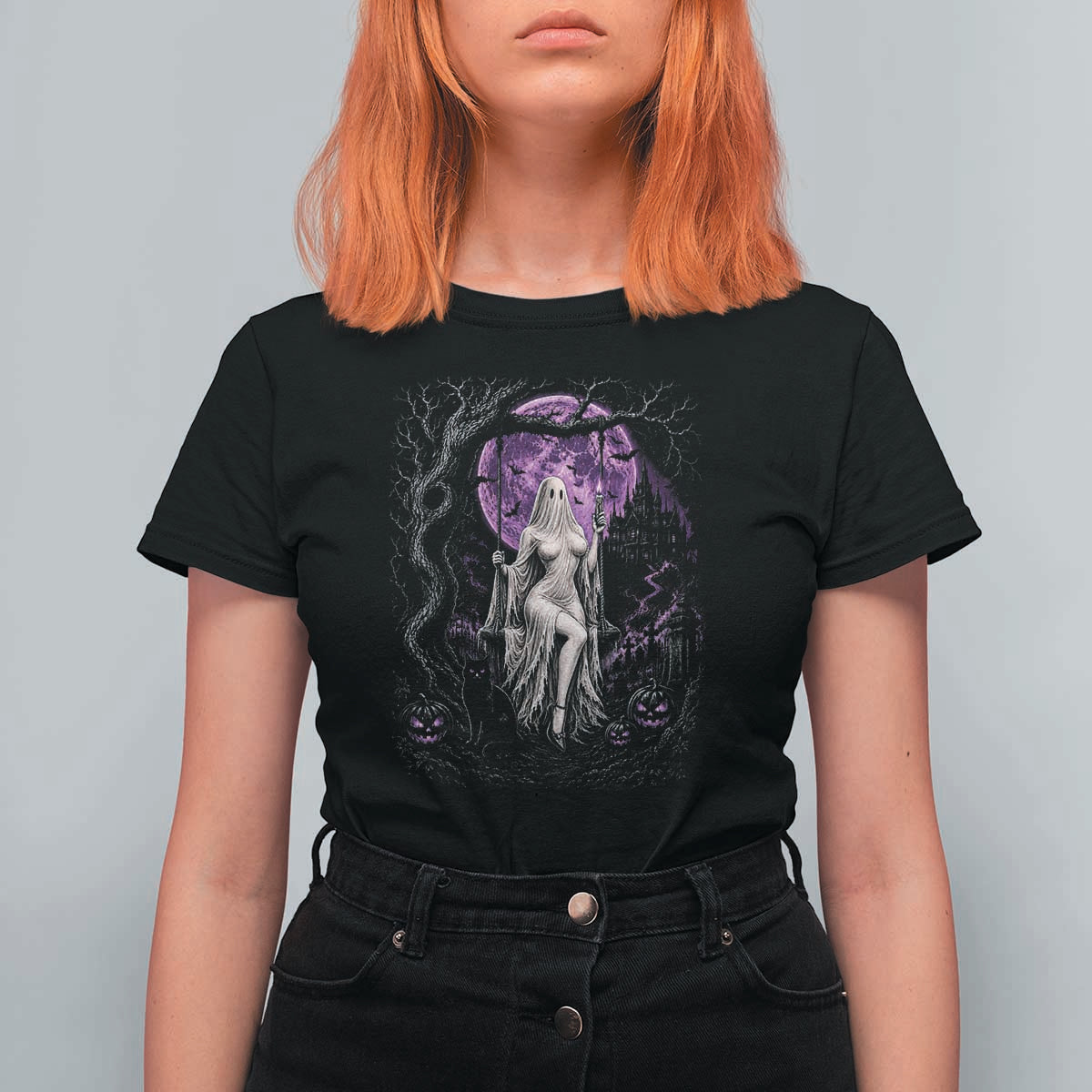 Mystical Ghost Girl Halloween T Shirt For Women Gothic Purple Moon Haunted Castle Art