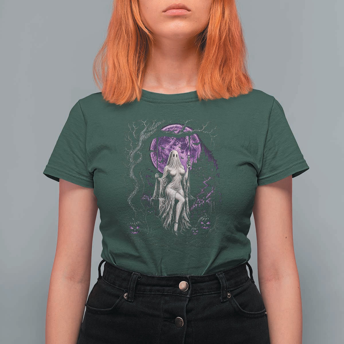 Mystical Ghost Girl Halloween T Shirt For Women Gothic Purple Moon Haunted Castle Art