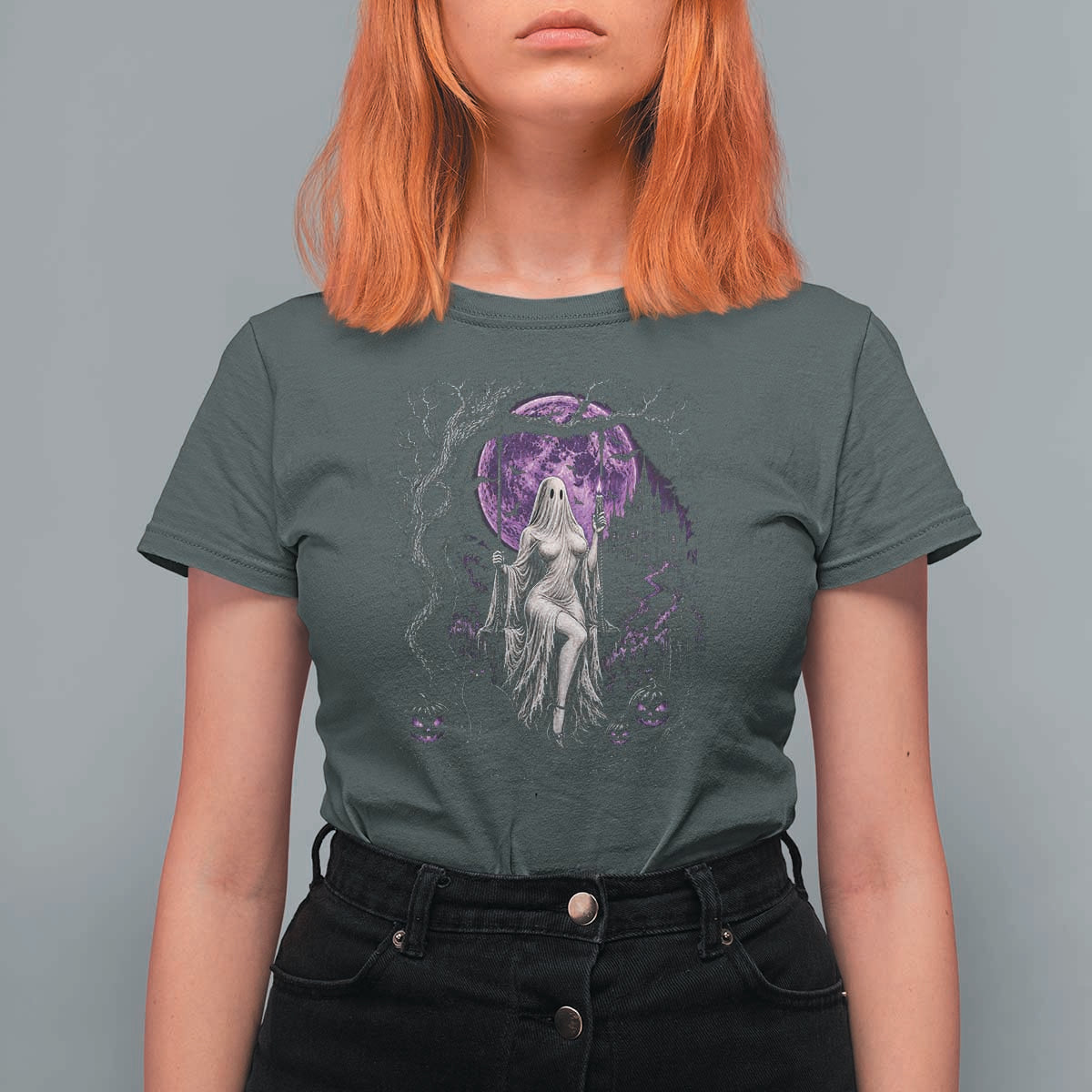 Mystical Ghost Girl Halloween T Shirt For Women Gothic Purple Moon Haunted Castle Art