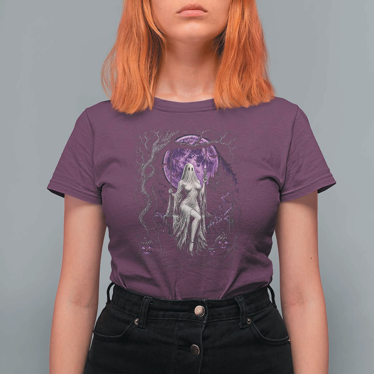 Mystical Ghost Girl Halloween T Shirt For Women Gothic Purple Moon Haunted Castle Art
