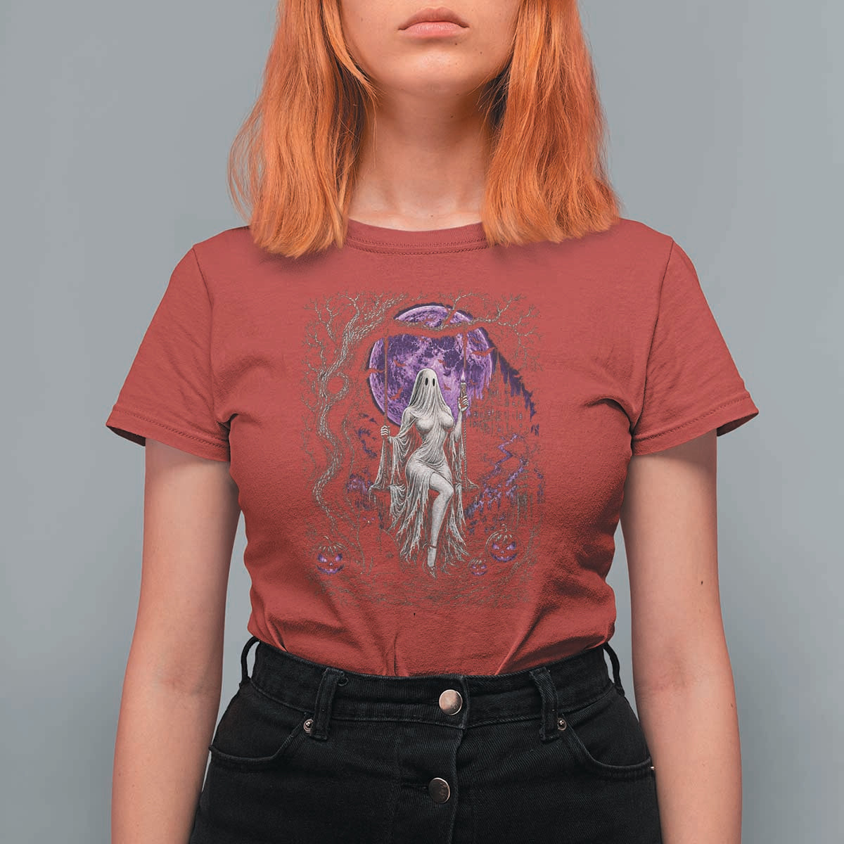 Mystical Ghost Girl Halloween T Shirt For Women Gothic Purple Moon Haunted Castle Art