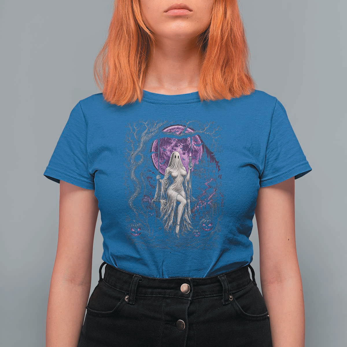 Mystical Ghost Girl Halloween T Shirt For Women Gothic Purple Moon Haunted Castle Art