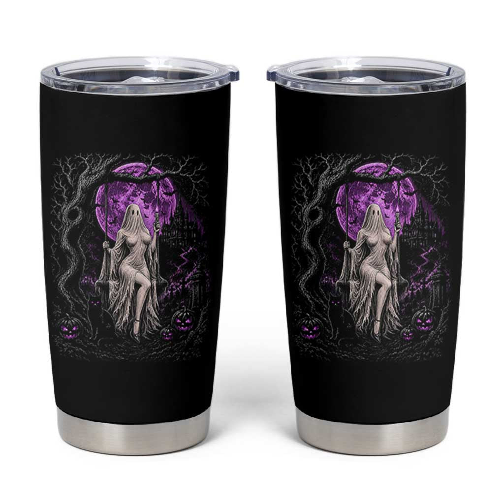 Mystical Ghost Girl Halloween Tumbler Cup Gothic Purple Moon Haunted Castle Art
