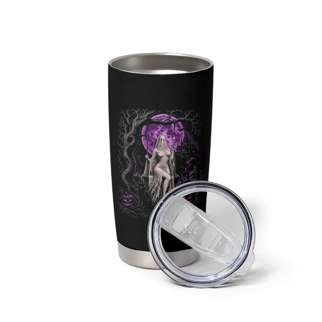 Mystical Ghost Girl Halloween Tumbler Cup Gothic Purple Moon Haunted Castle Art